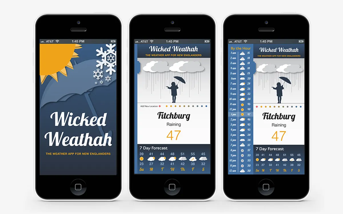Wicked Weathah App Design - Title Screen, Weather Forecast screen, and Weather Forecast screen with the hour by hour side menu pulled out
